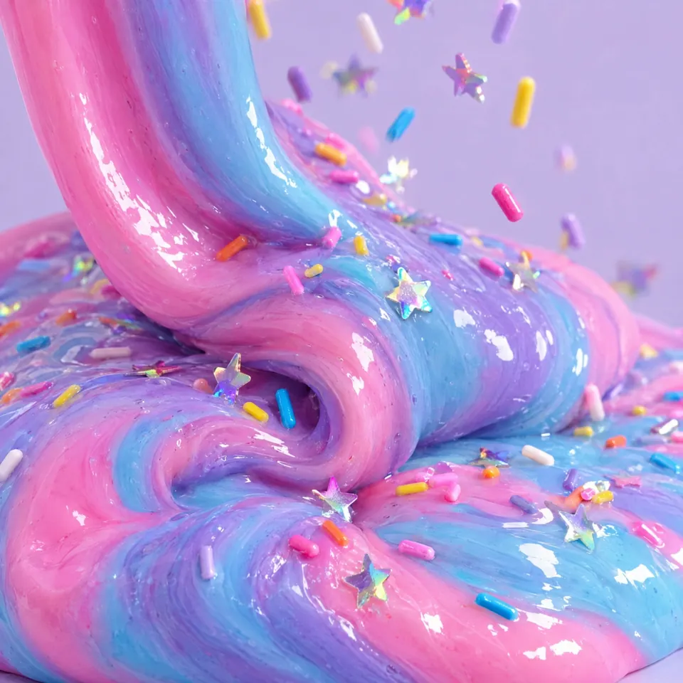 Slime brillante rosa, lila y azul doblándose sobre sí mismo mientras le caen sprinkles y lentejuelas de estrella